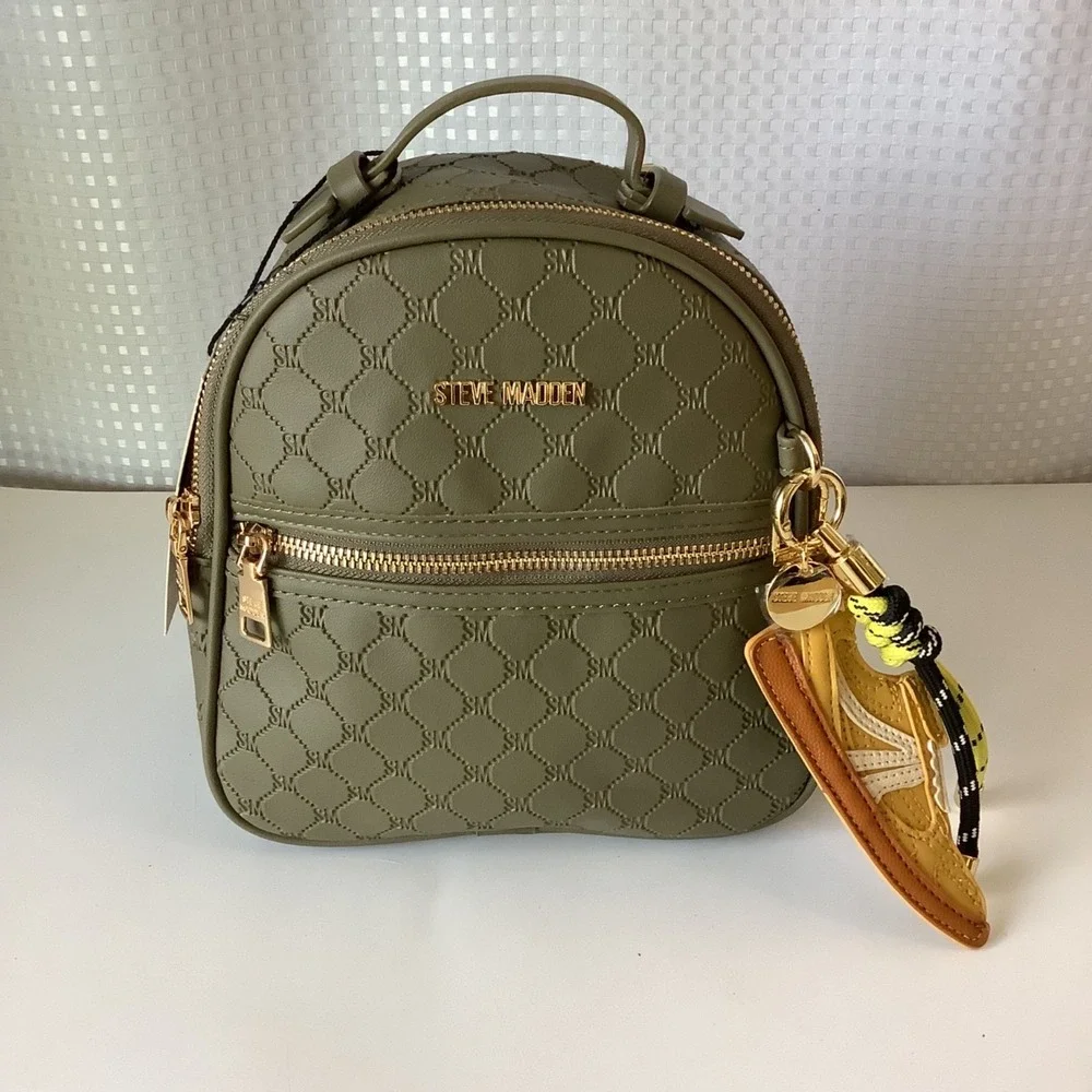 Steve Madden Backpack & Bag Charms Box Set Olive Green Quilted Faux Leather NIB